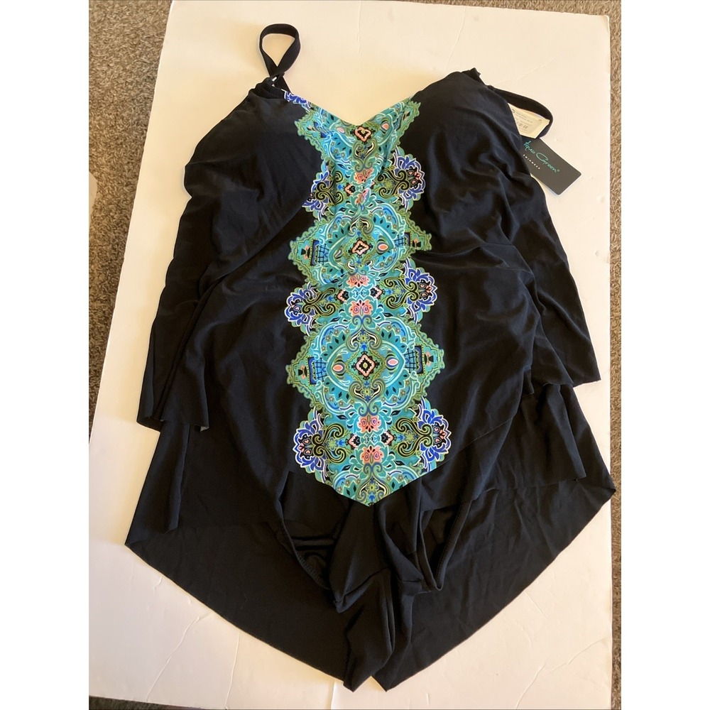 Aqua Green One Piece Swimsuit Women Medium Black NWT Mosaic Flowing C883